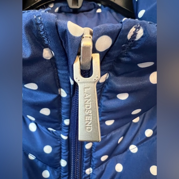 Lands' End Puffer Down Vest Blue with White Polka Size M/P 10-12 Full Zip - Picture 5 of 11